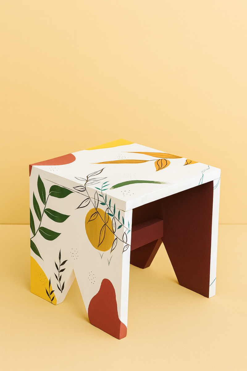 Hand-Painted Abstract Wooden Stool – Artistic Home Accent by Zavira