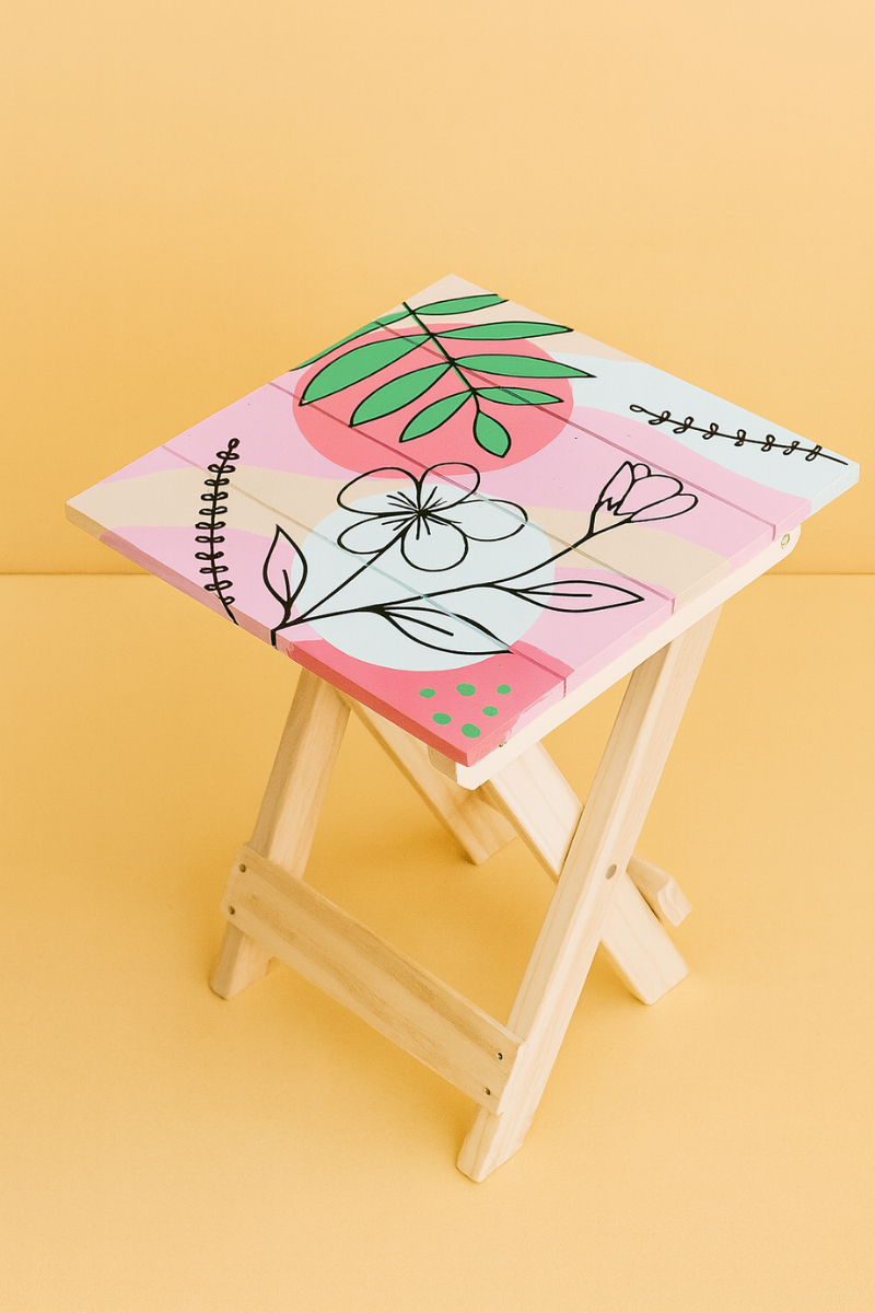 Hand-Painted Stool – Floral Charm in Pink & Green