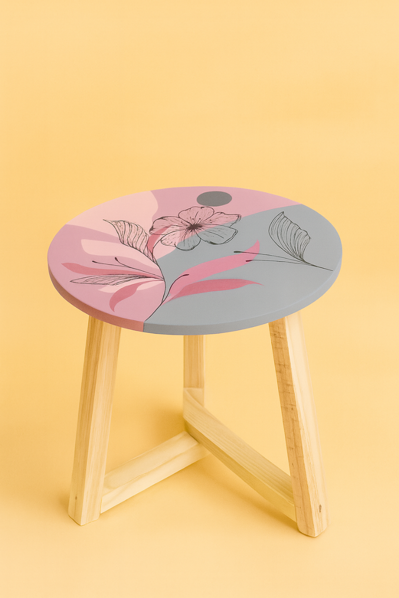 Hand-Painted Round Wooden Table – Pink & Grey Botanical Accent